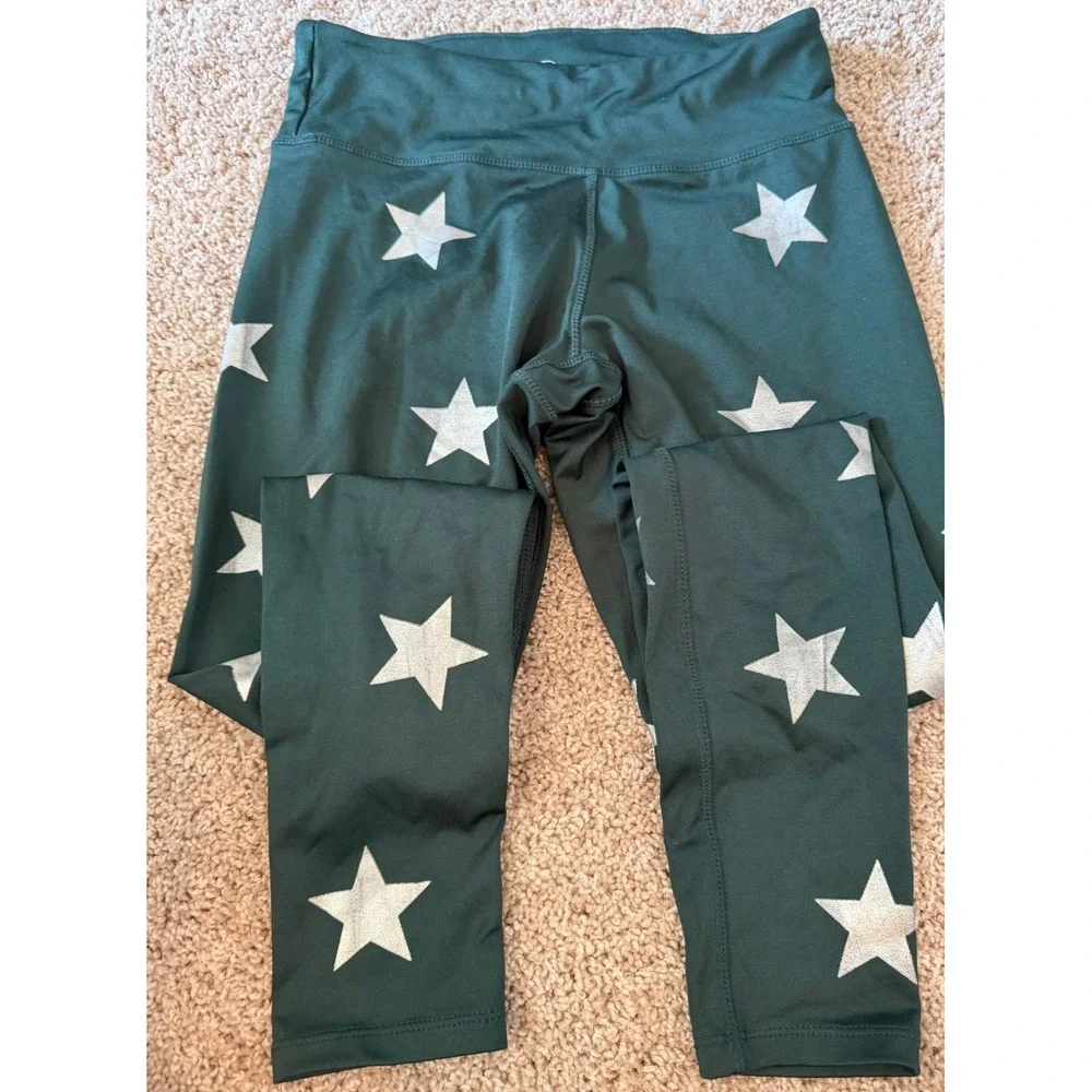 Jessica Simpson The Warm Up Green Star Print High‎ Waist Leggings Small
